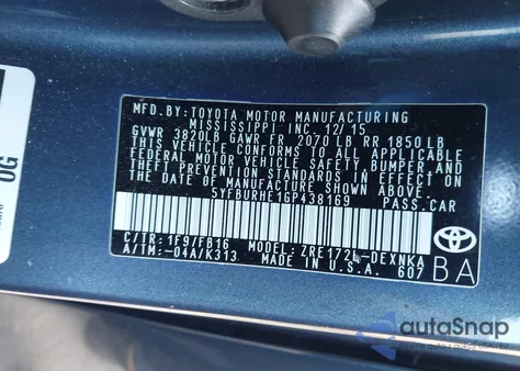 2016 Toyota Corolla Le from USA, damaged, VIN 5YFBURHE1GP438169